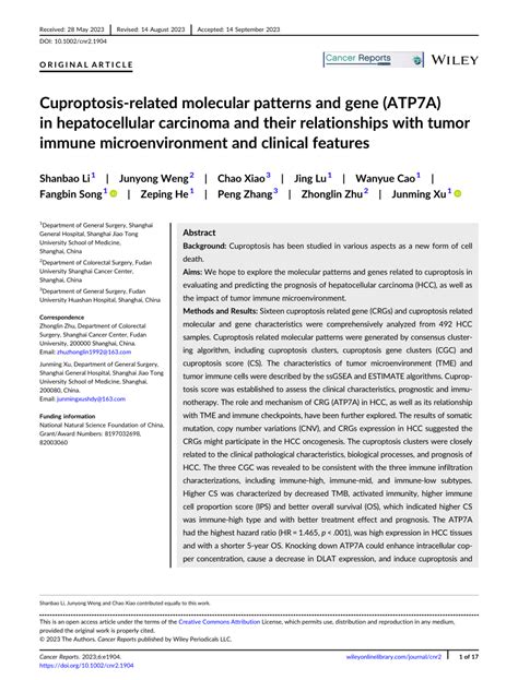 Pdf Cuproptosis‐related Molecular Patterns And Gene Atp7a In