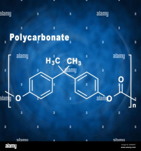 Polycarbonate PC, Structural chemical formula on a blue background ...