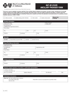 Fillable Online Bcbsal Out Of State Ancillary Provider Form Blue