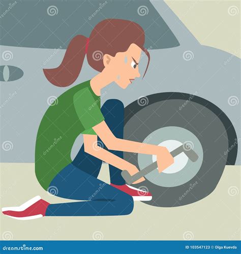 Woman Changing a Flat Tire Vector Cartoon Stock Vector - Illustration of force, puncture: 103547123