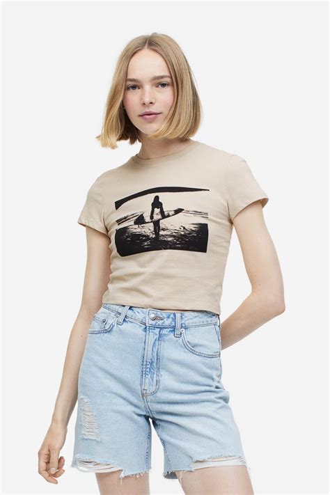 Printed Crop Top Light Beige Surfer Ladies Handm Us