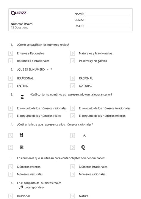 N Meros Irracionales Hojas De Trabajo Para Grado En Quizizz