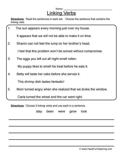 Worksheet For Linking Verbs