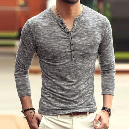 Sokhug Tops For Men Casual Solid Color Long Sleeve V Neck Button Slim T