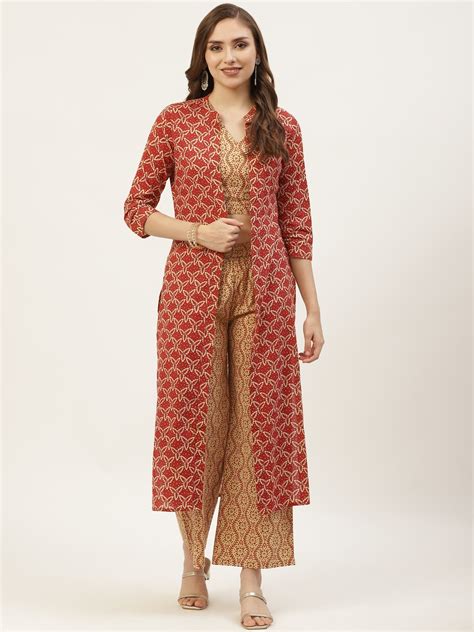 Buy Kbz Women Beige And Rust Red Pure Cotton Ethnic Motifs Printed Co