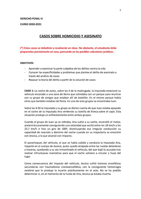 Casos Prácticos Homicidio Y Asesinato Para Resolver En Clase 1