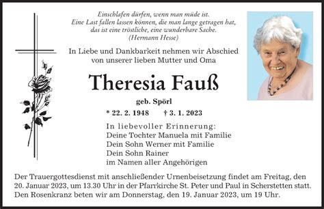 Traueranzeigen Von Theresia Fau Augsburger Allgemeine Zeitung