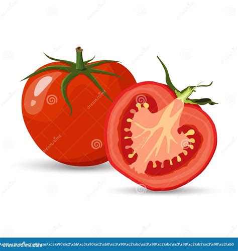 Tomate Rojo Y Medio Tomates Y Rodajas Con Hojas Verdes De Estilo