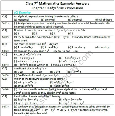 Ncert Exemplar Solutions Class Maths Algebraic Expressions