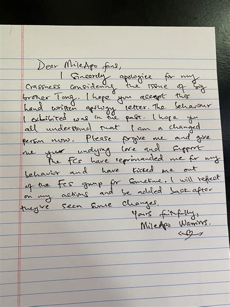 MileApo Warriors 🛡🗡 on Twitter: "A hand written apology letter for my ...