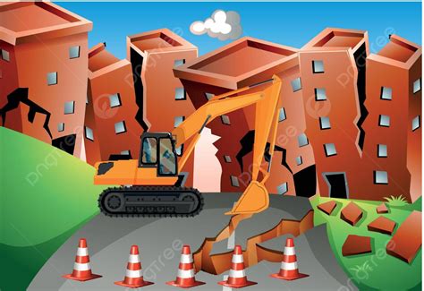 Earthquake Scene With Bulldozer And Buildings Landscape Disaster Clipart Vector Landscape