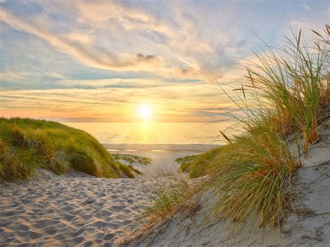 Coucher De Soleil Sur La Plage Des Dunes Papier Peint