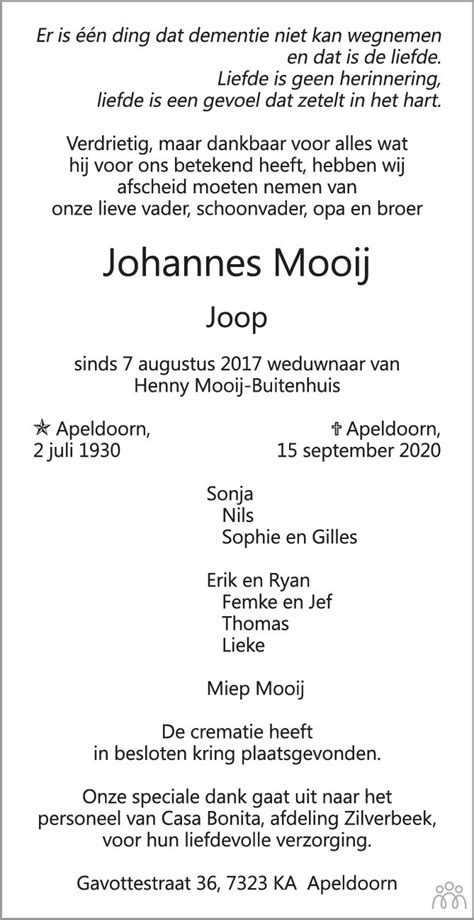 Johannes Joop Mooij 15 09 2020 Overlijdensbericht En Condoleances