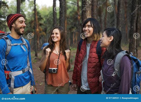 Friends Explore Nature Outdoors Concept Stock Image Image Of Forest