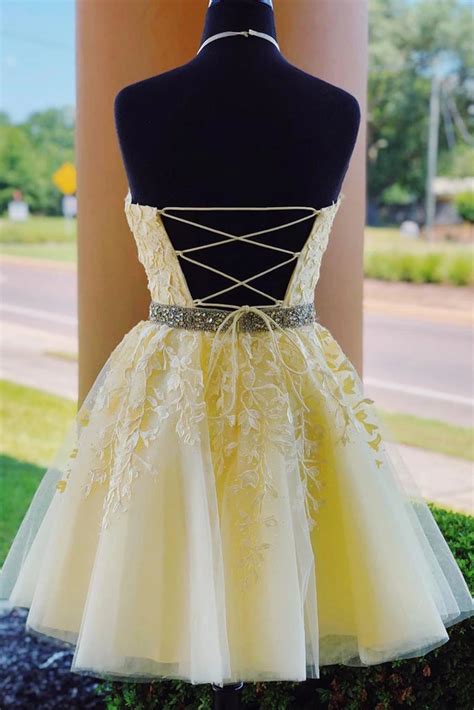 Open Back High Neck Light Yellow Short Prom Dress Homecoming Dresses