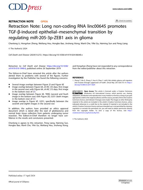 Pdf Retraction Note Long Non Coding Rna Linc00645 Promotes Tgf β