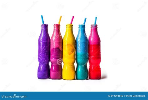 Colorful Glass Bottles Filled With Fruit Juice Blue Straws Lined Up