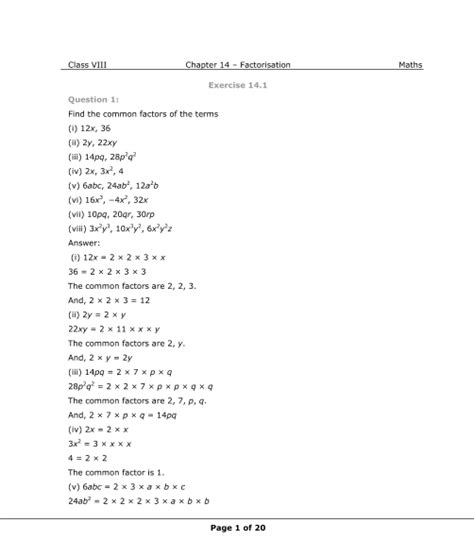 Ncert Solutions For Class 8 Maths Chapter 14 Factorisation Free Pdf