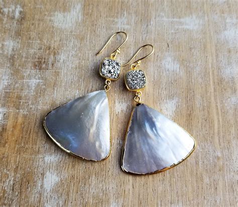 Natural Shell Dangle Earrings Fan Shaped Earrings Bridal Earrings