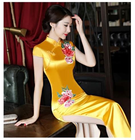 Lange Cheongsam Kleid Gelb Party Abendkleid Vintage Chinesischen Stil