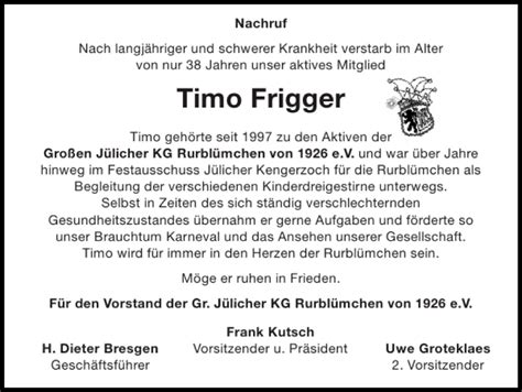 Traueranzeigen Von Timo Frigger Aachen Gedenkt