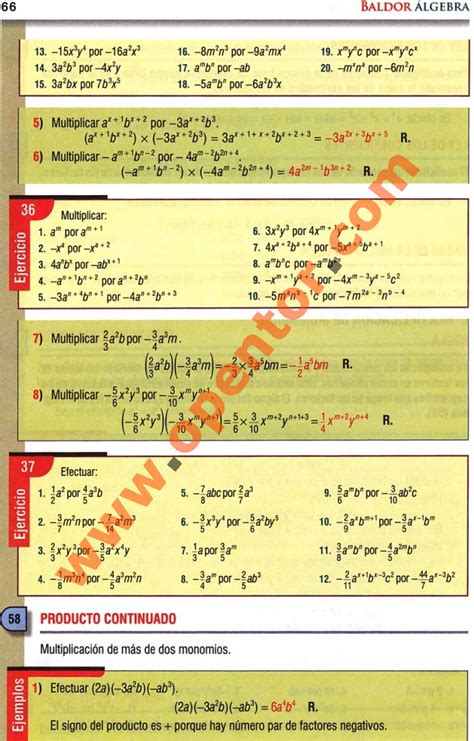 Ejercicios resueltos y propuestos de multiplicación Álgebra Baldor