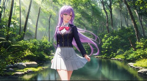 Anime Girl In A Short Skirt And A Bow Tie Walking In A Forest Seaart Ai