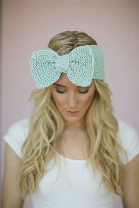 Knitted Bow Headband Mint Ear Warmer Headband In Green Womens Hair