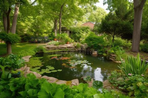 Backyard Pond Surrounded By Lush Greenery And Peaceful Atmosphere Stock