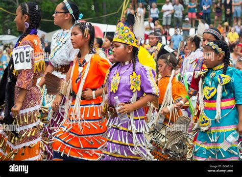 Pow Wow Native Children Dancers Girls In Traditional Costumes Six Stock