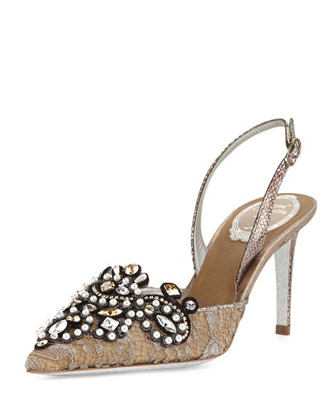 Rene Caovilla Jeweled Lace Halter Pump Silver Bronze