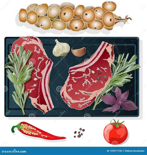 Meat Steaks Cartoon Fresh And Fried Steaks Beef Fish Pork Steaks