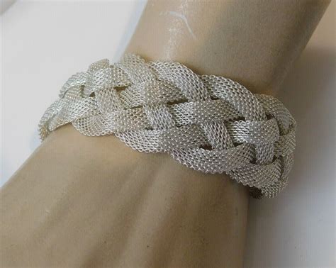 Wide Woven Mesh Braid Braided Sterling Silver Bracele Gem