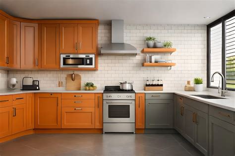 Premium AI Image A Kitchen With Orange Cabinets And A Silver Stove