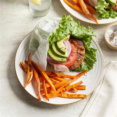 California Turkey Burgers And Baked Sweet Potato Fries Recipe Eatingwell