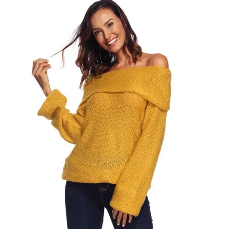 Off Shoulder Womens Female Warm Sweater Long Sleeve Slash Neck Sexy