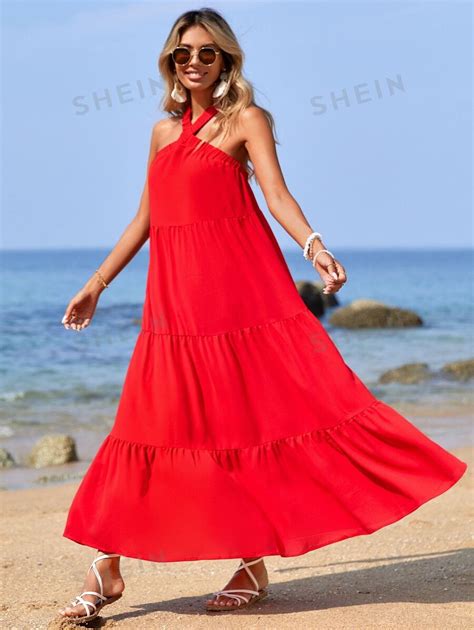 Shein Vcay Solid Ruffle Hem Halter Dress Shein Usa