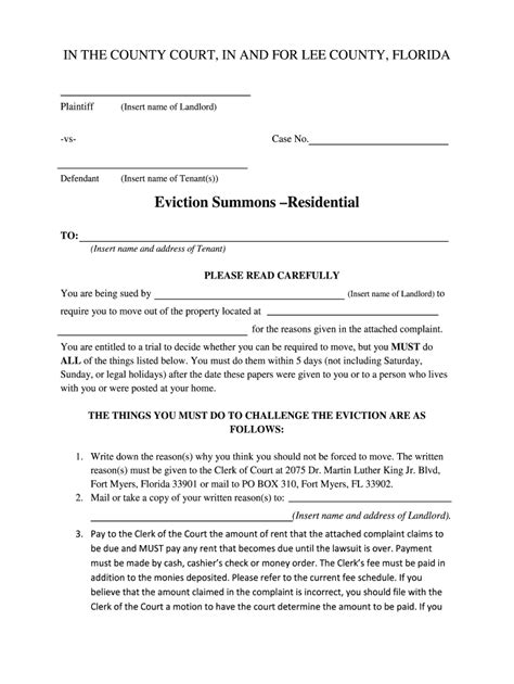 Fillable Online Eviction Summons For Possession Lee County Clerk Of