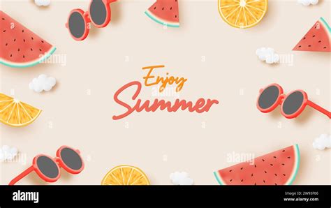 Sunglasses And Tropical Fruits In Cute 3d Art Style And Pastel Color Scheme Background Vector