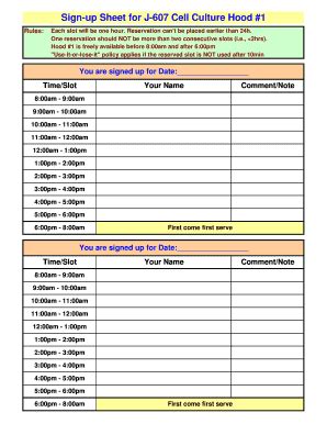 Sign Up Sheet Template With Time Slots