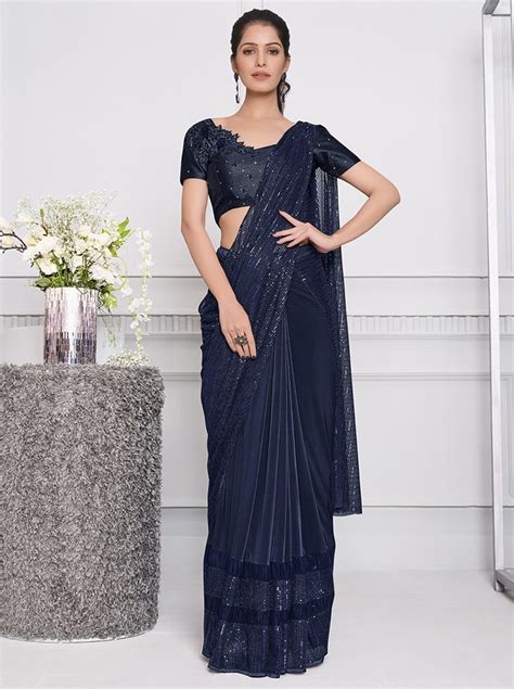 Navy Blue Lycra Pre Pleated Designer Saree Sarees Designer Collection