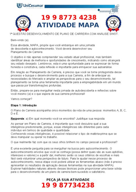 1ª Questão Desenvolvimento DE Plano DE Carreira COM Análise SWOT