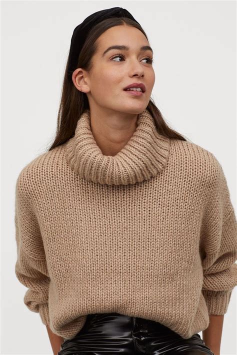 Chunky Knit Jumper Boxy Sweater Knit Turtleneck Sweater Beige