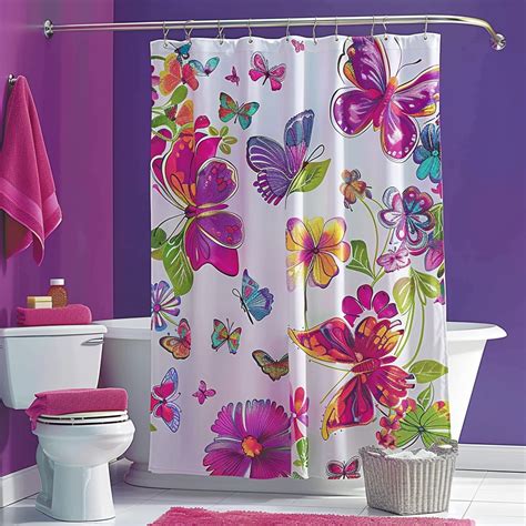 Vibrant Butterfly Print Bathroom Set Purple Walls Floral Shower