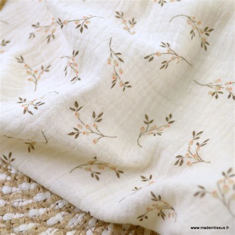 Double Gaze De Coton Bio Gots Oeko Tex Motifs Fleurs Fond Ecru Simone