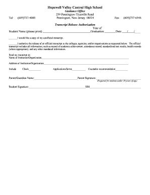 Fillable Online Www2 Hvrsd Transcript Release Form Hopewell Valley