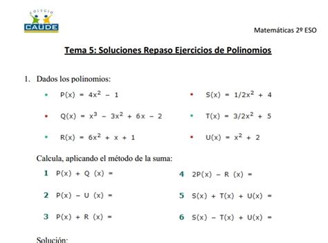 Ejercicios Resueltos De Repaso De Polinomios Didactalia Material