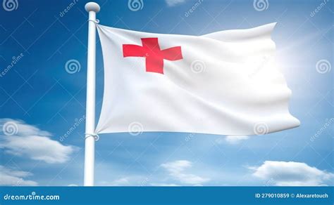 White Flag With A Red Cross Against A Blue Sky Stock Illustration