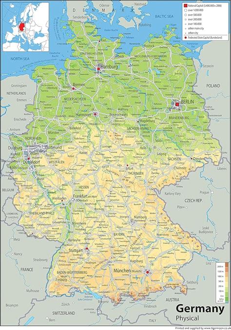 Germania Mappa Fisica Carta Plastificata A1 Misura 59 4 X 84 1 Cm