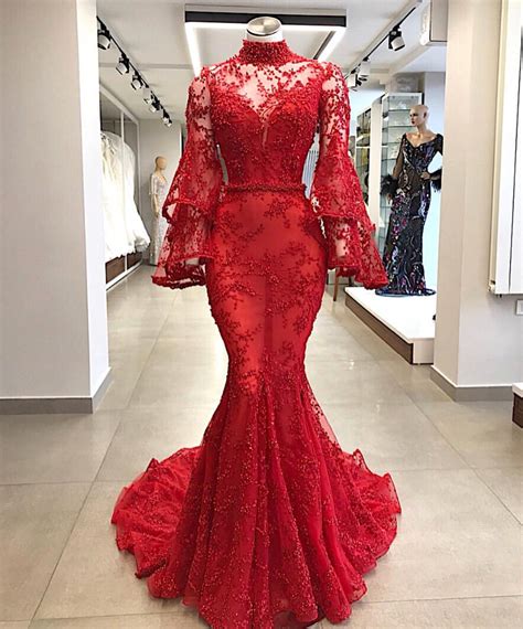 High Neck Evening Dress Red Evening Dress Mermaid Evening Dress 2019